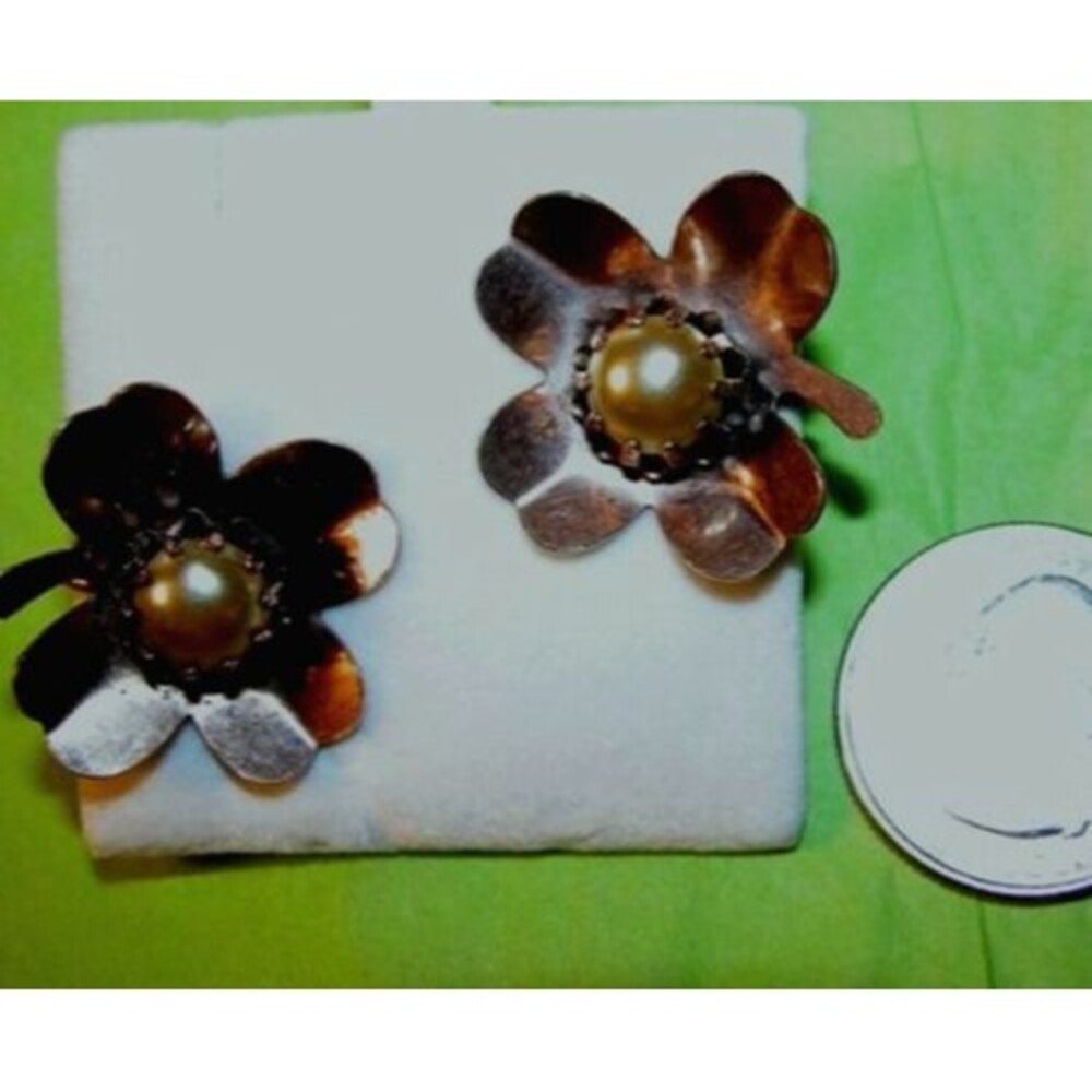 Victorian 4 Leaf Clover Rose Gold Plate Earring Pearl Basket Shamrock Steampunk